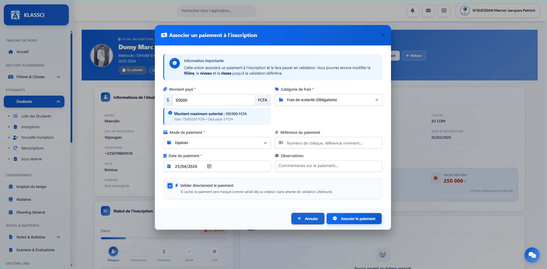 Modal filled with 50,000 FCFA and Cash method
