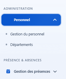Sidebar with the Administration section open showing Personnel and Gestion du personnel