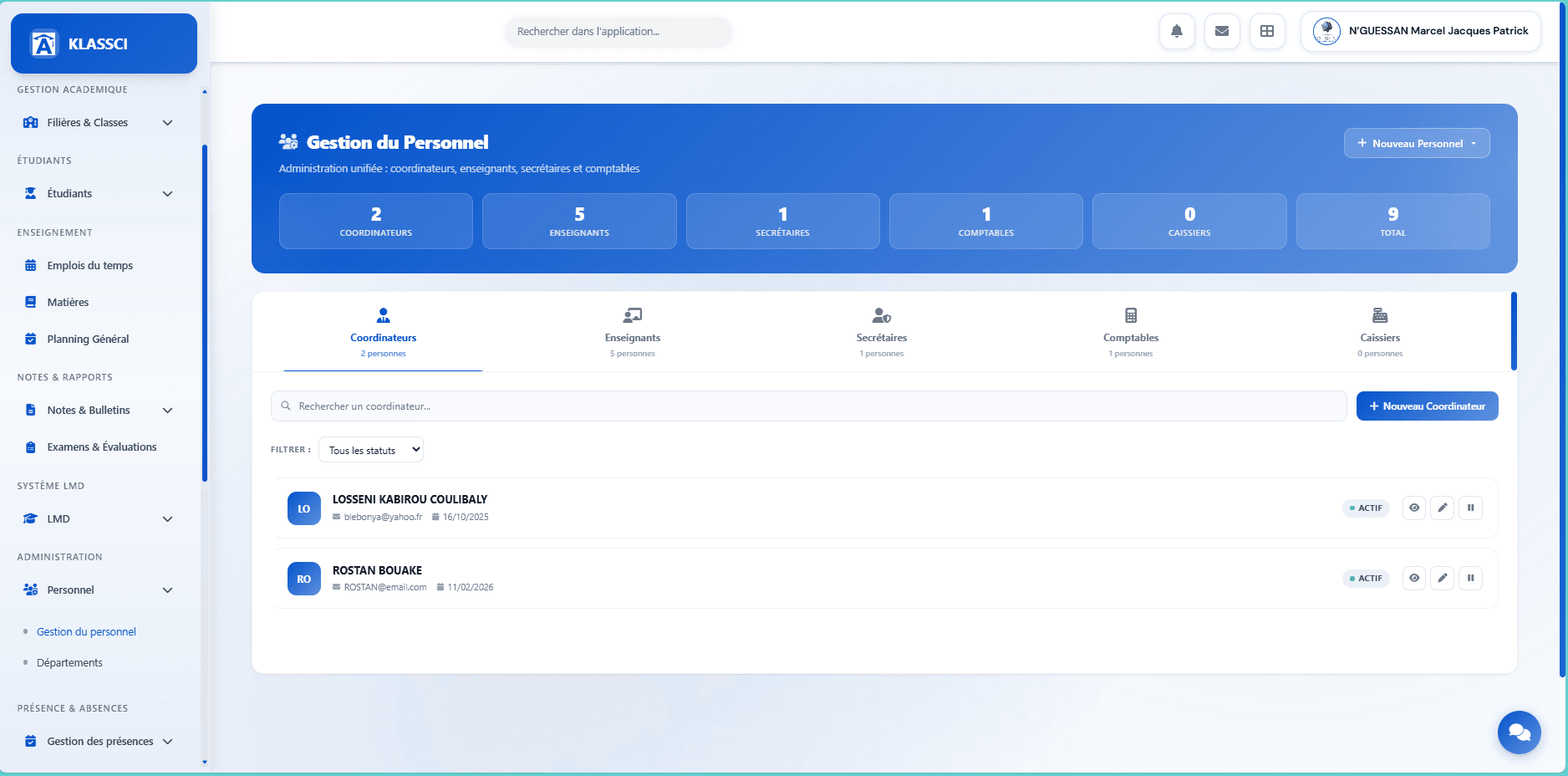 Personnel management page with per-role stats and 5 tabs
