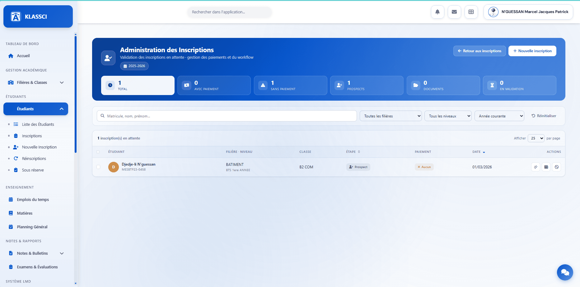 Enrollment Administration page with 6 KPIs and filtered list