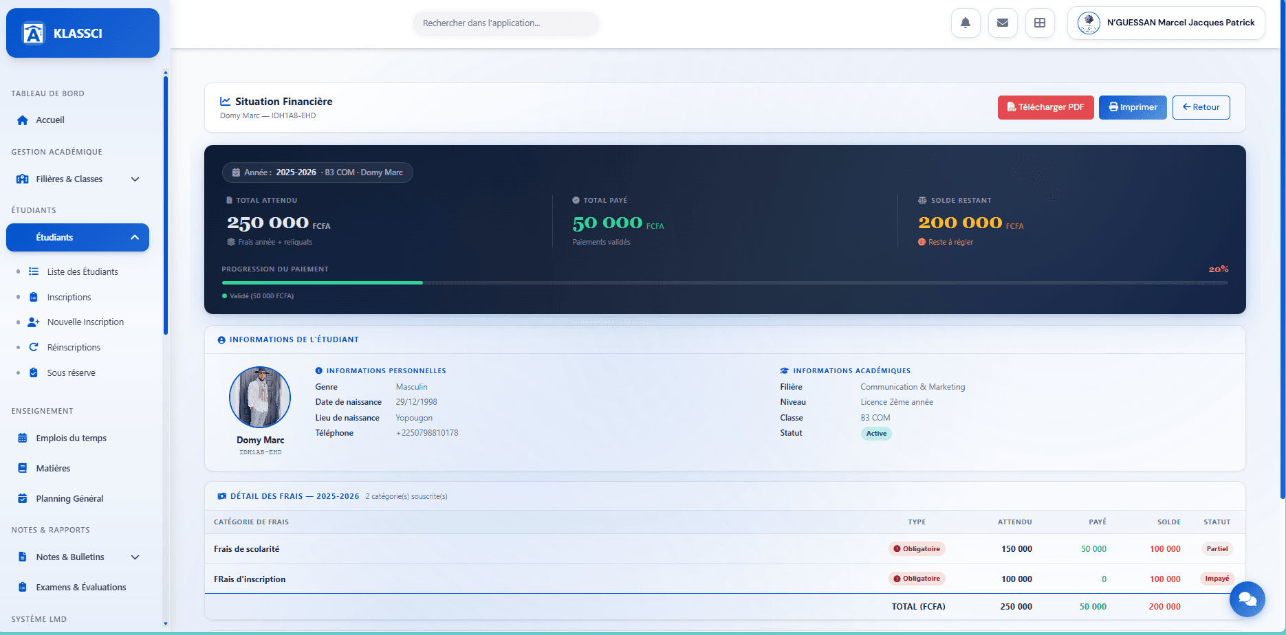 Web preview of Financial Situation — hero KPIs and student information