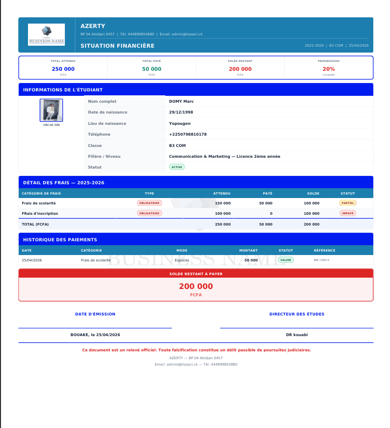 Financial Statement PDF — A4 portrait with school header and signature