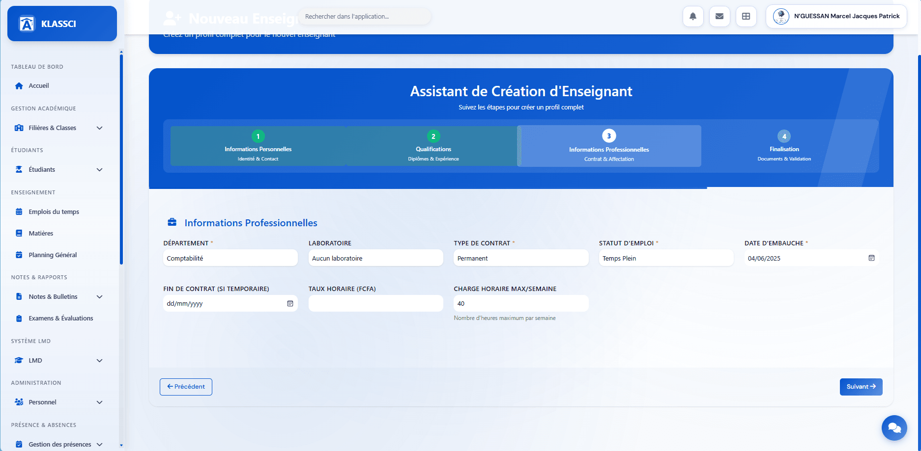Wizard step 3: Department, Contract type, Employment status, Hire date, Hourly rate, Max weekly load