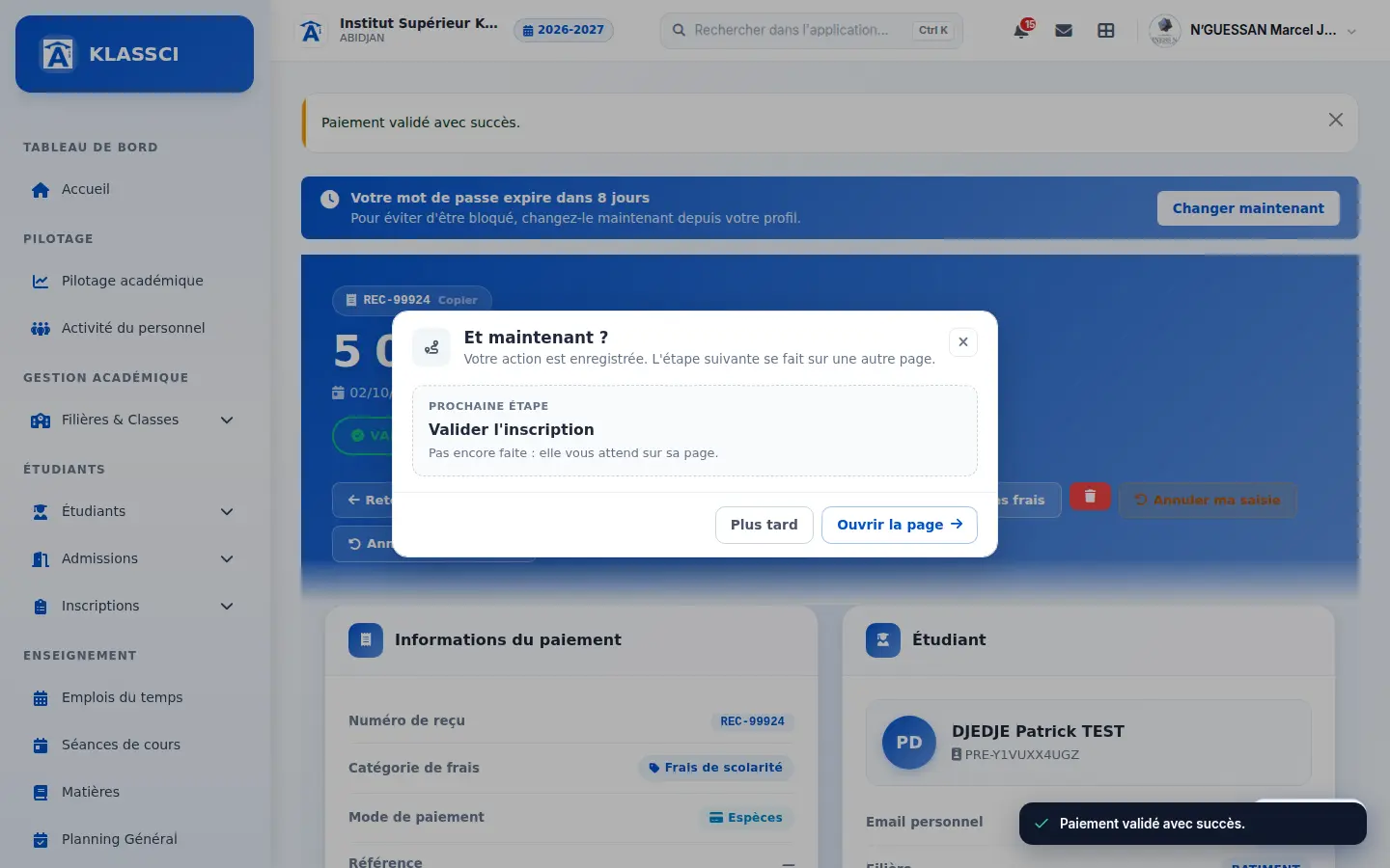 Après la validation d'un paiement, la fenêtre « Et maintenant ? »