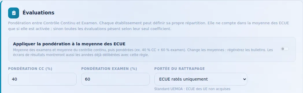 Paramètres LMD : la case « Appliquer la pondération à la moyenne des ECUE »