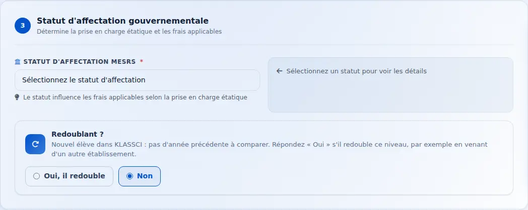 Formulaire de nouvelle inscription, après : la question « Redoublant ? » et sa proposition