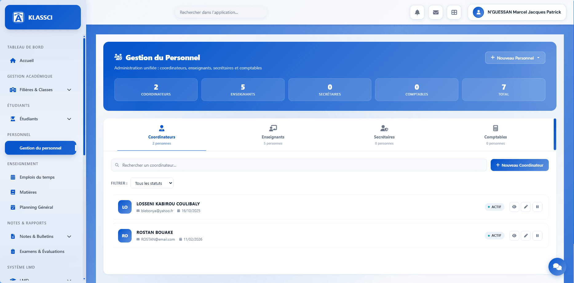 Gestion du personnel KLASSCI
