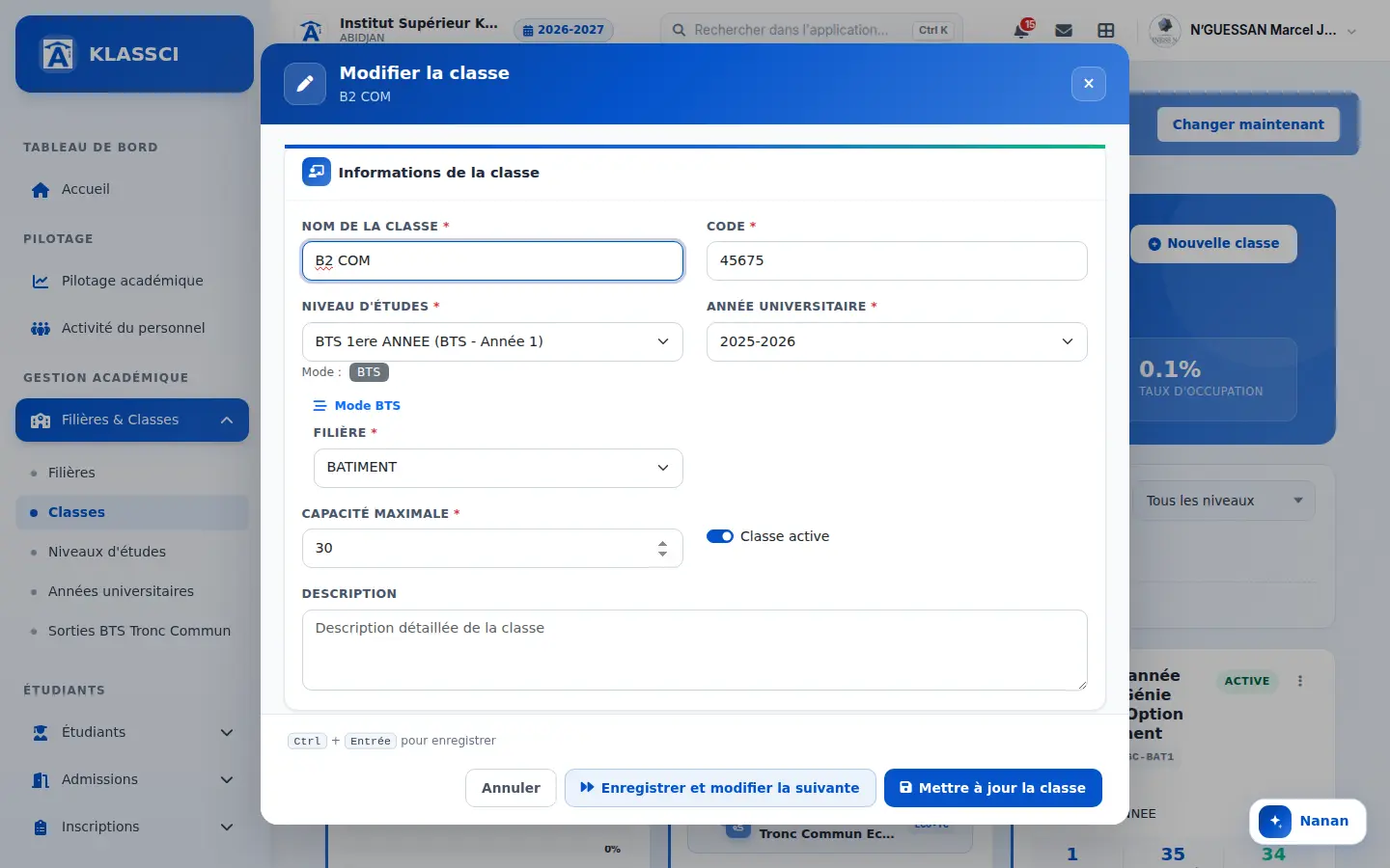 Fenêtre de modification d'une classe — Après