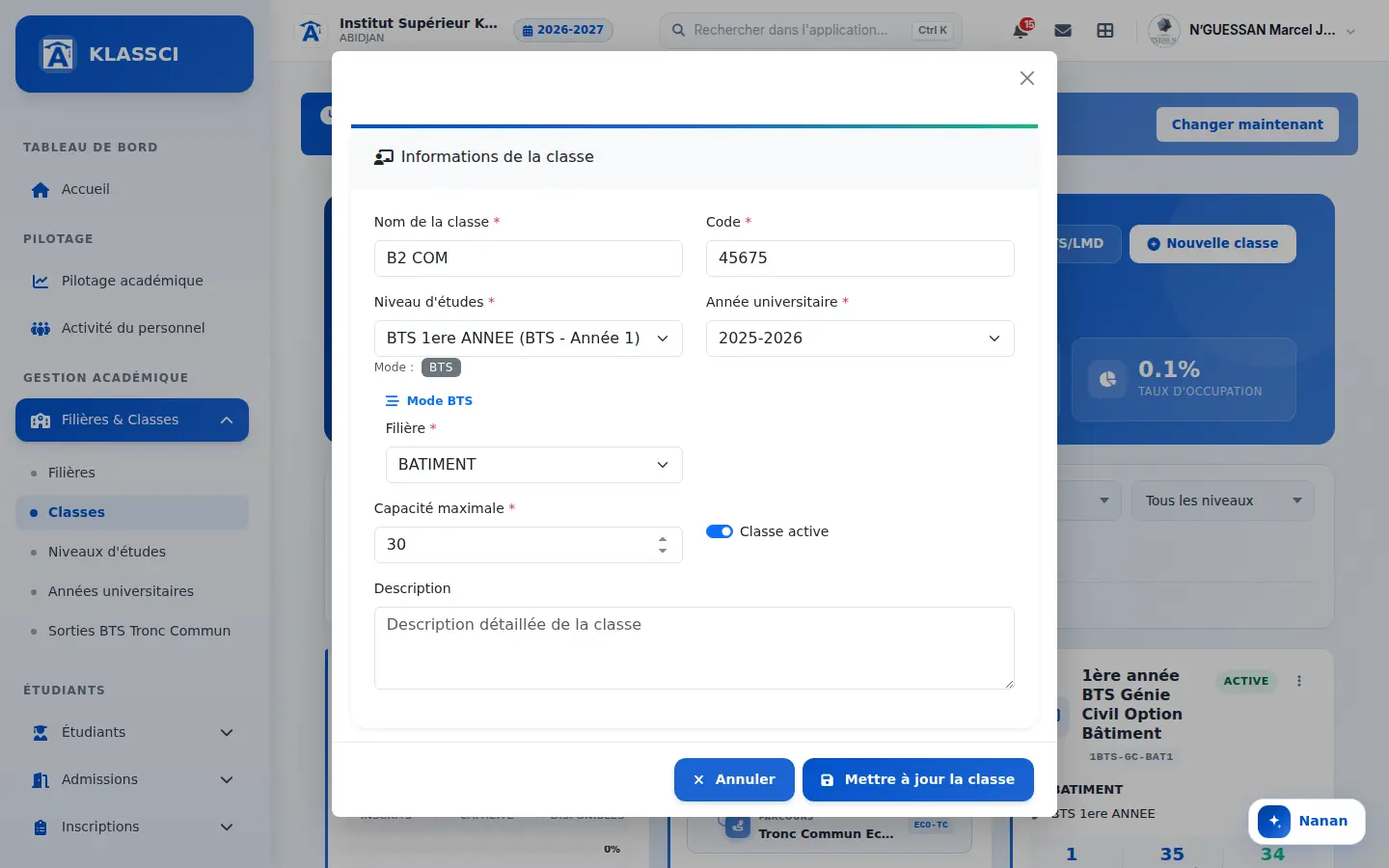 Fenêtre de modification d'une classe — Avant