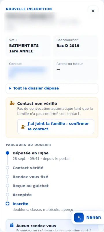 Panneau d'une demande en ligne, encart Contact non vérifié — Après