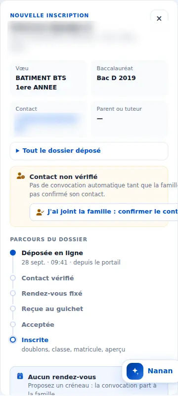 Panneau d'une demande en ligne, encart Contact non vérifié — Avant
