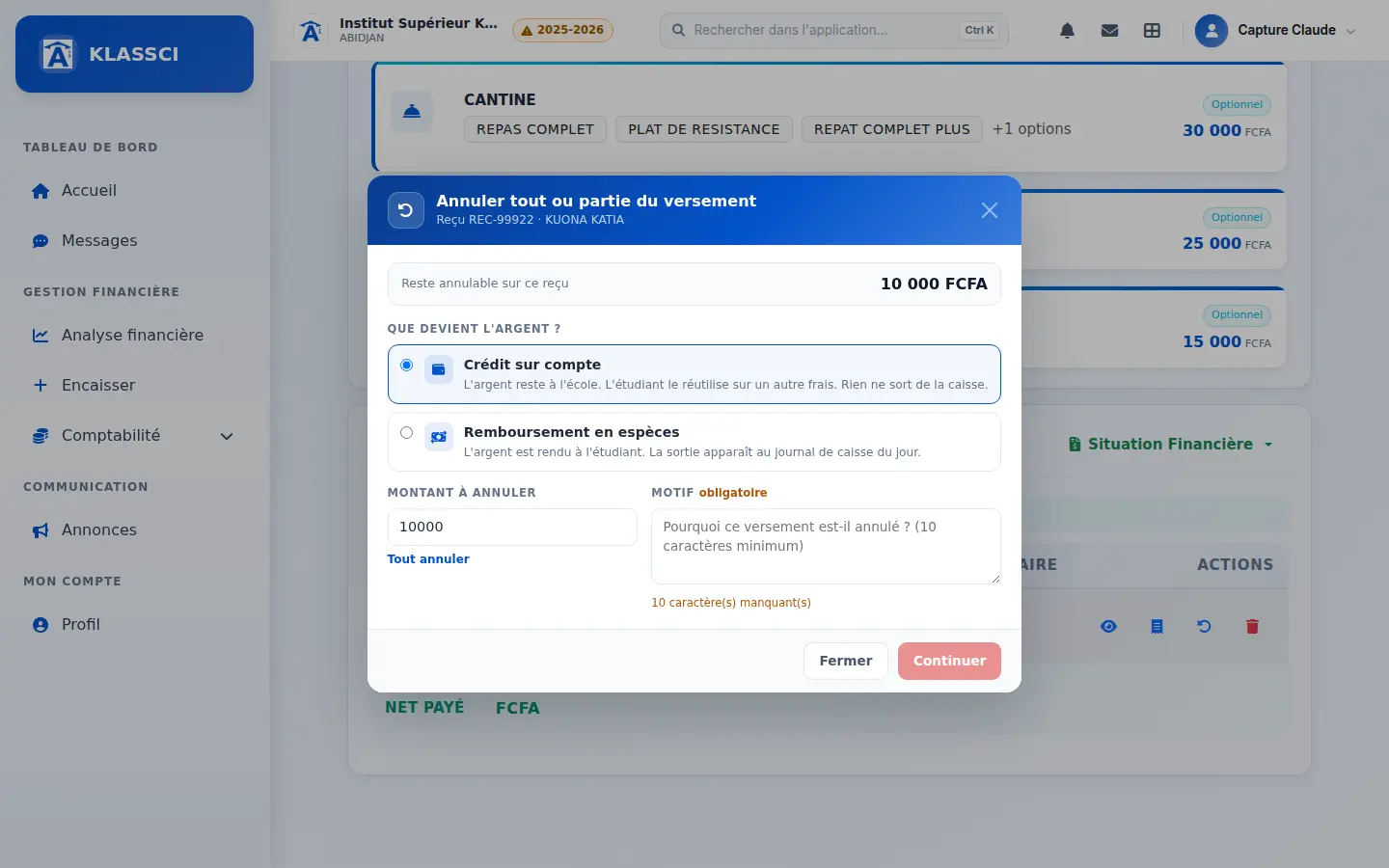 Fenêtre Annuler tout ou partie du versement — Après