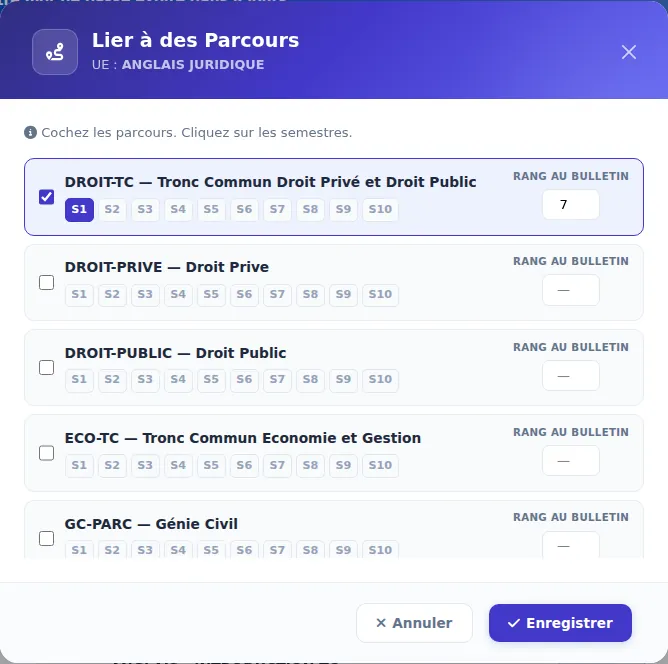 Fenêtre « Lier à des parcours » d'une UE — Après