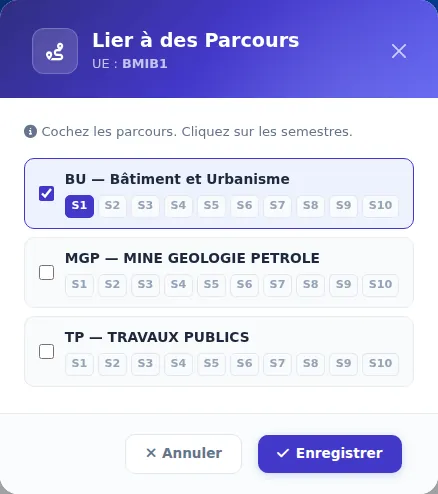 Fenêtre « Lier à des parcours » d'une UE — Avant