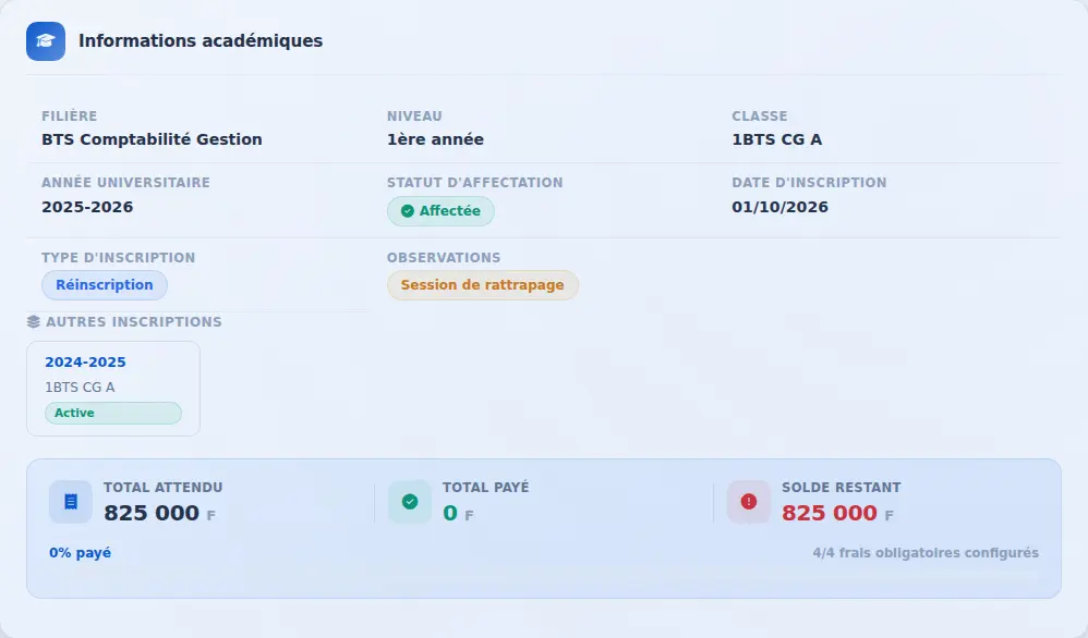 Fiche d'une inscription, bloc Informations académiques — Avant