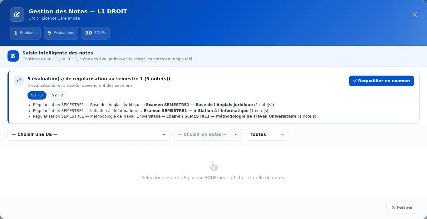 Fenêtre des notes LMD d'une classe — Après