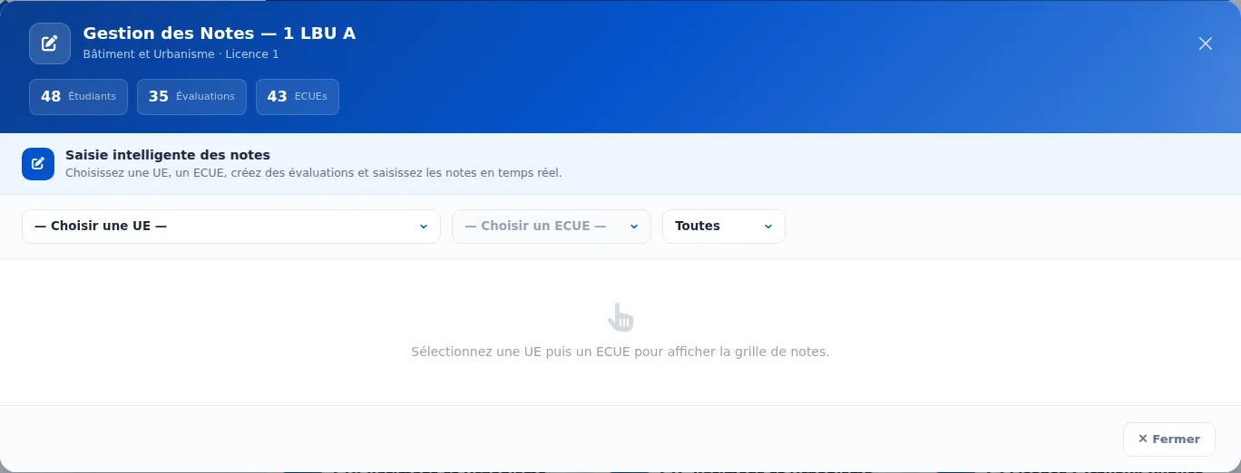 Fenêtre des notes LMD d'une classe — Avant