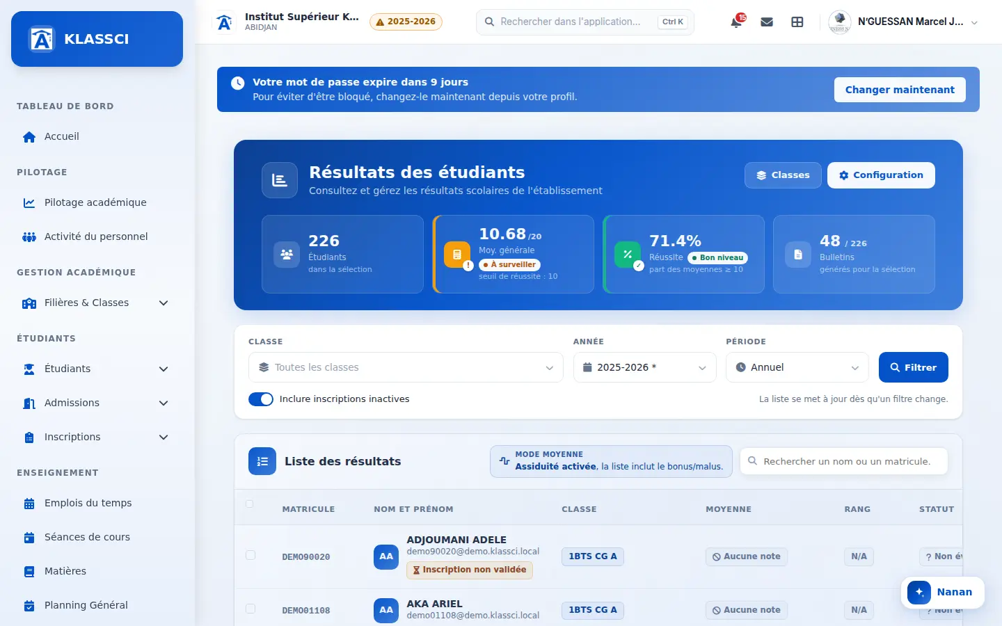 Page Résultats des étudiants — Après