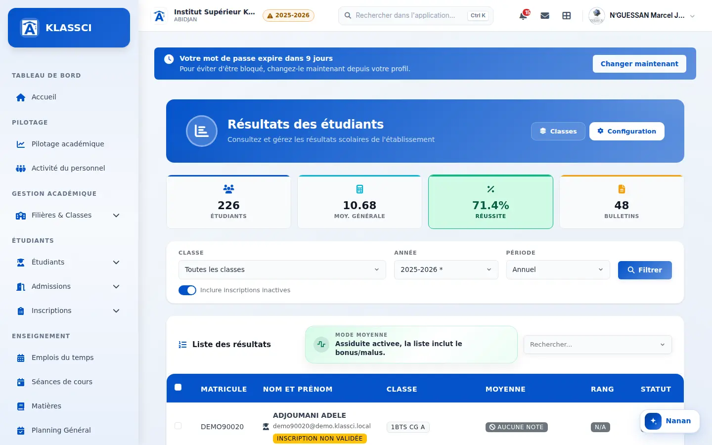 Page Résultats des étudiants — Avant