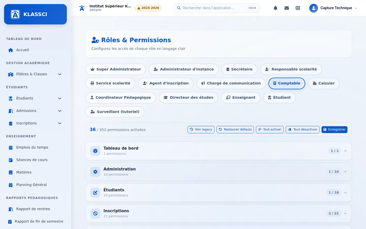 Écran Rôles et permissions — Avant