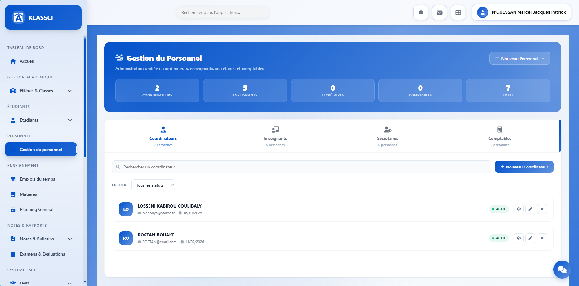 Gestion du personnel KLASSCI