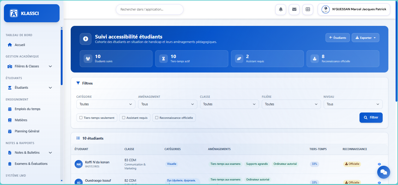 Suivi accessibilité étudiants KLASSCI